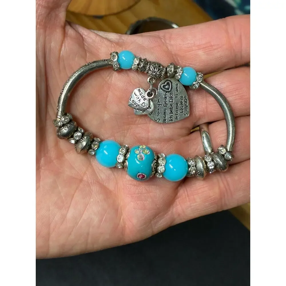 Turquoise Charm Bracelet with “I Love You” Heart Charms – Made with Love, Boho